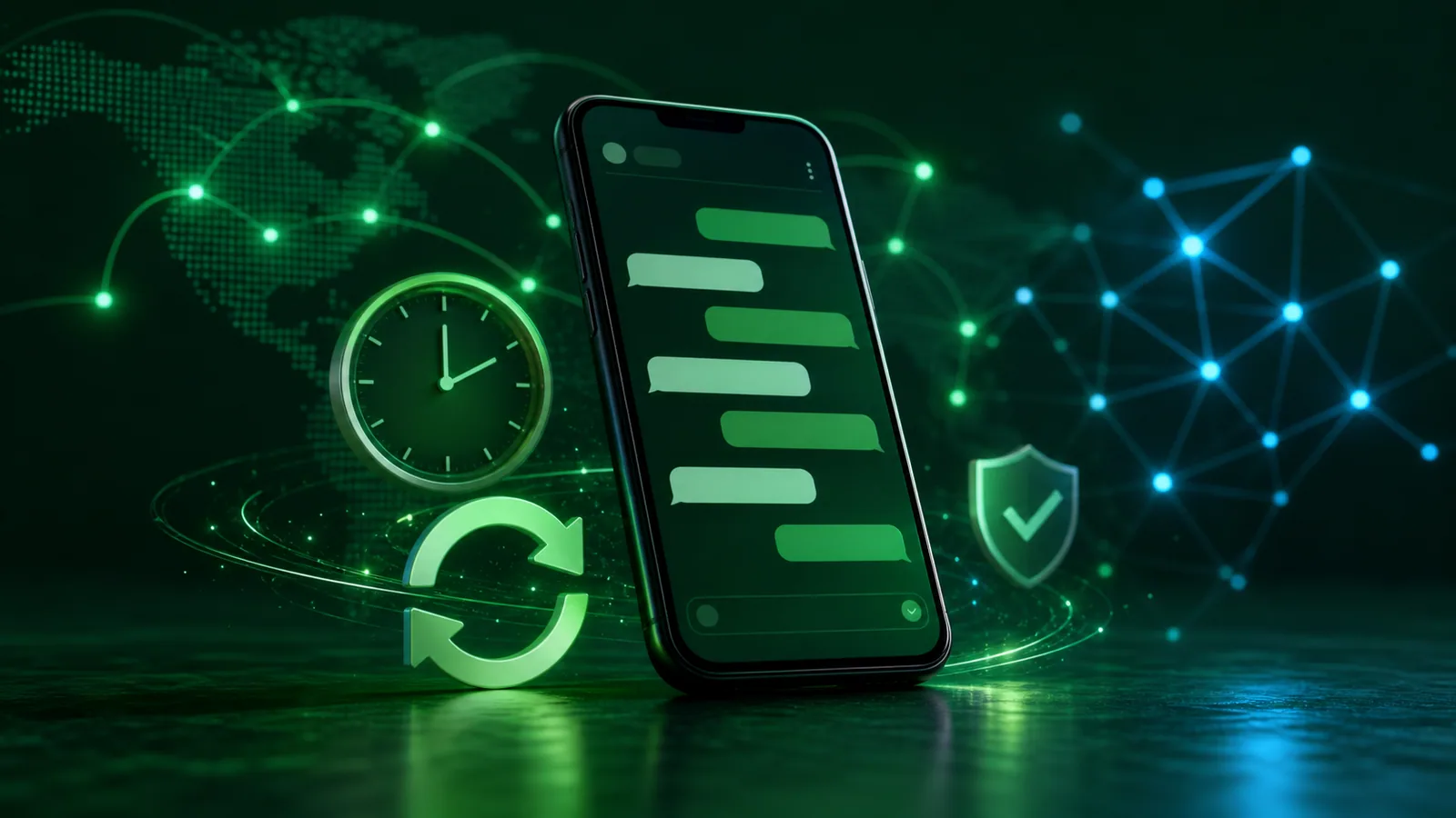 Celular com mensagens, conexão ativa e símbolos de atualização e segurança