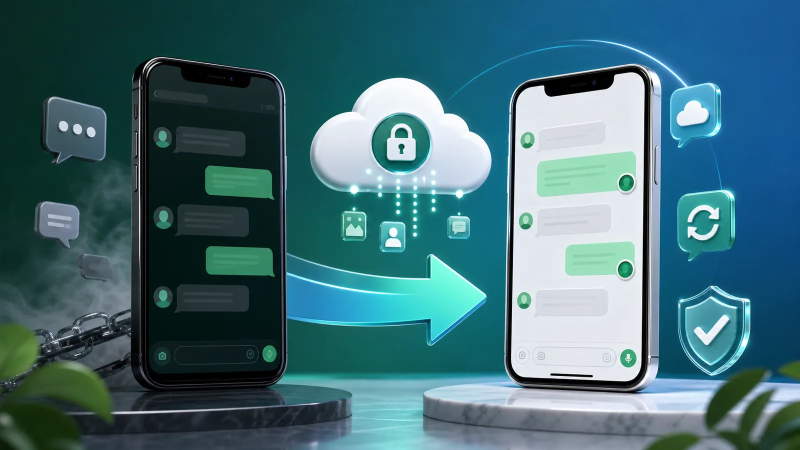Dois celulares transferindo conversas por meio de um backup protegido